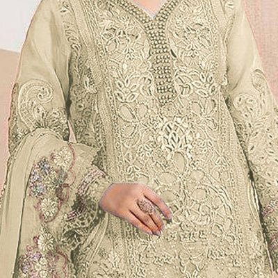 Cream Floral Sequins Embroidery With Motiwork Organza Semi Stitched Pakistani Suit