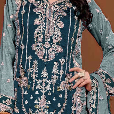 Morpich Blue Floral Sequins Embroidery Vichitra Silk Semi Stitched Pakistani Suit
