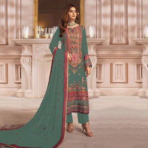 Dusty Green Embroidered Georgette Pakistani Dress Material