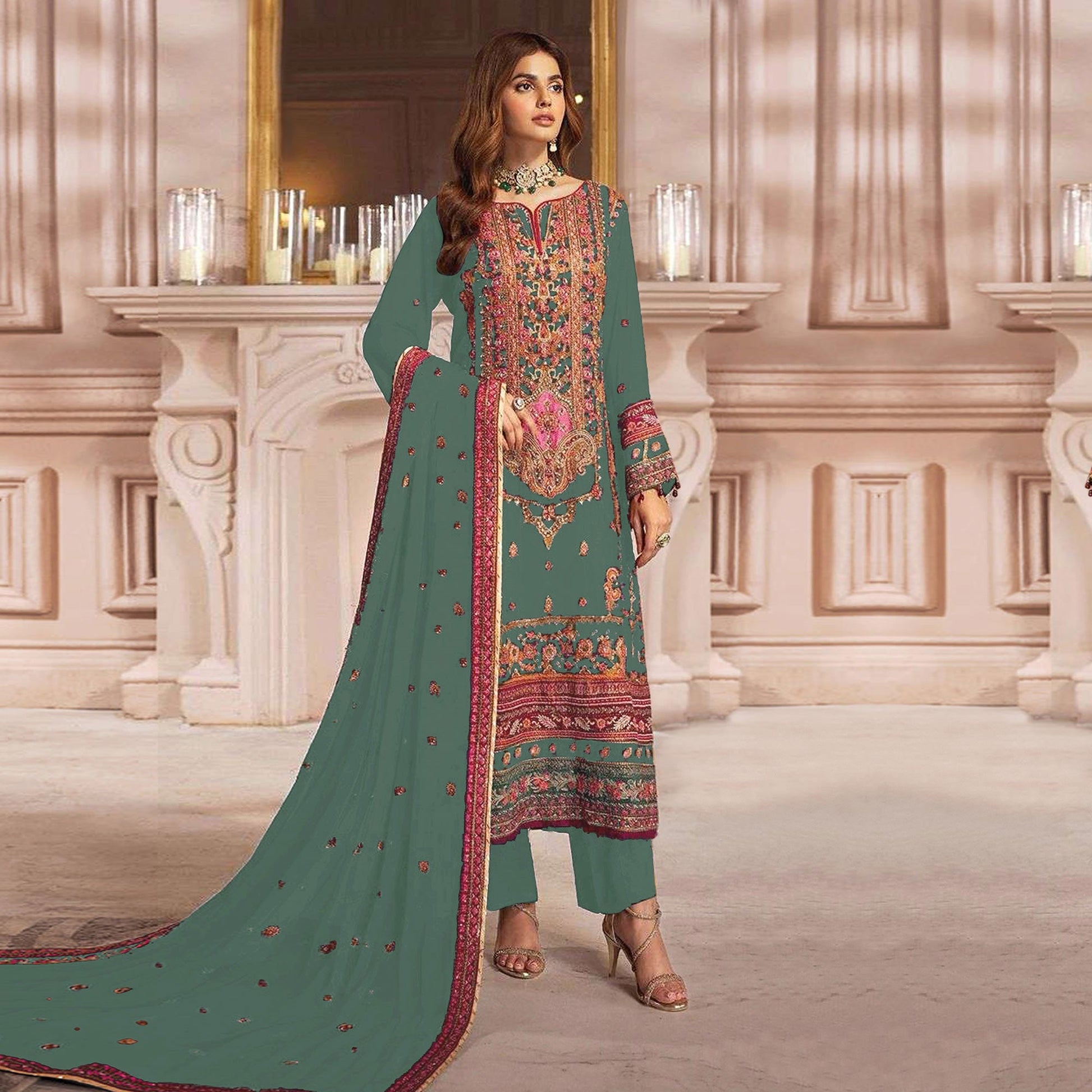 Dusty Green Embroidered Georgette Pakistani Dress Material