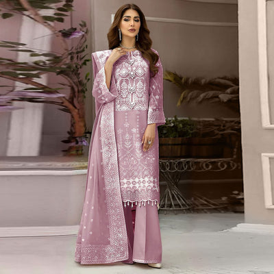 Light Purple Embroidered Organza Pakistani Semi Stitched Dress Material