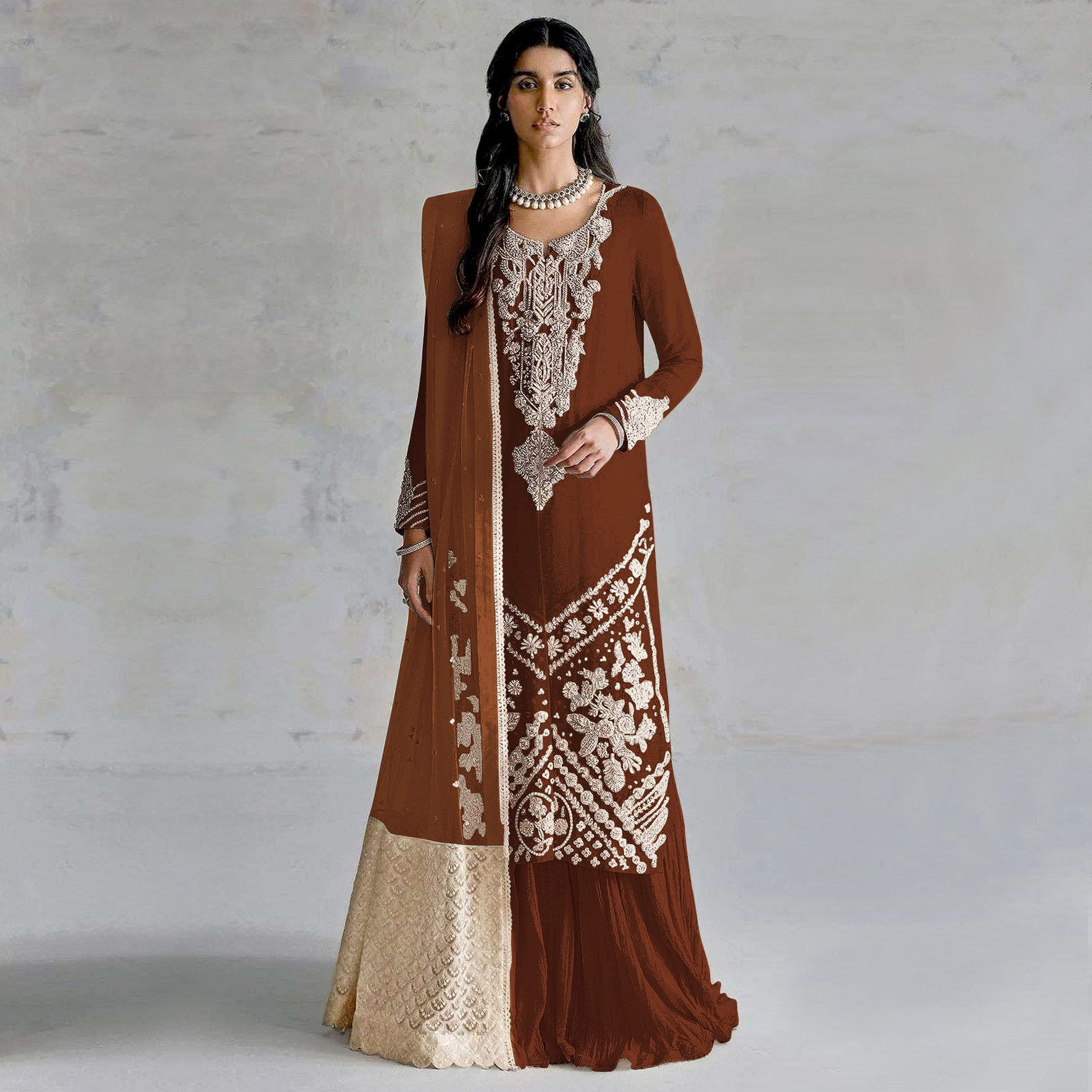 Brown Embroidered Georgette Pakistani Dress Material