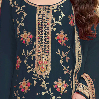 Dark Rama Blue Floral Woven With Embroidered Viscose Semi Stitched Suit