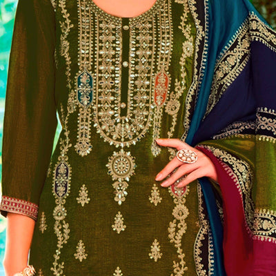 Mehendi Green Floral Sequins Embroidered Chinon Semi Stitched Palazzo Suit