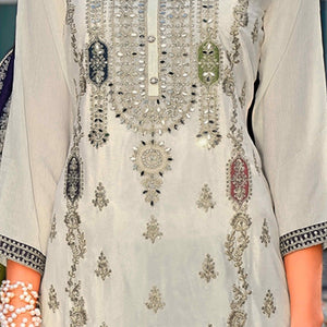 Cream Floral Sequins Embroidered Chinon Semi Stitched Palazzo Suit