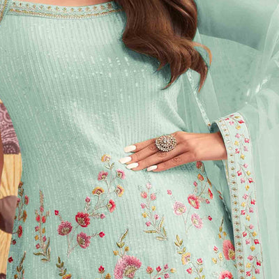 Light Sea Green Floral Sequins Embroidery Georgette Semi Stitched Pakistani Suit