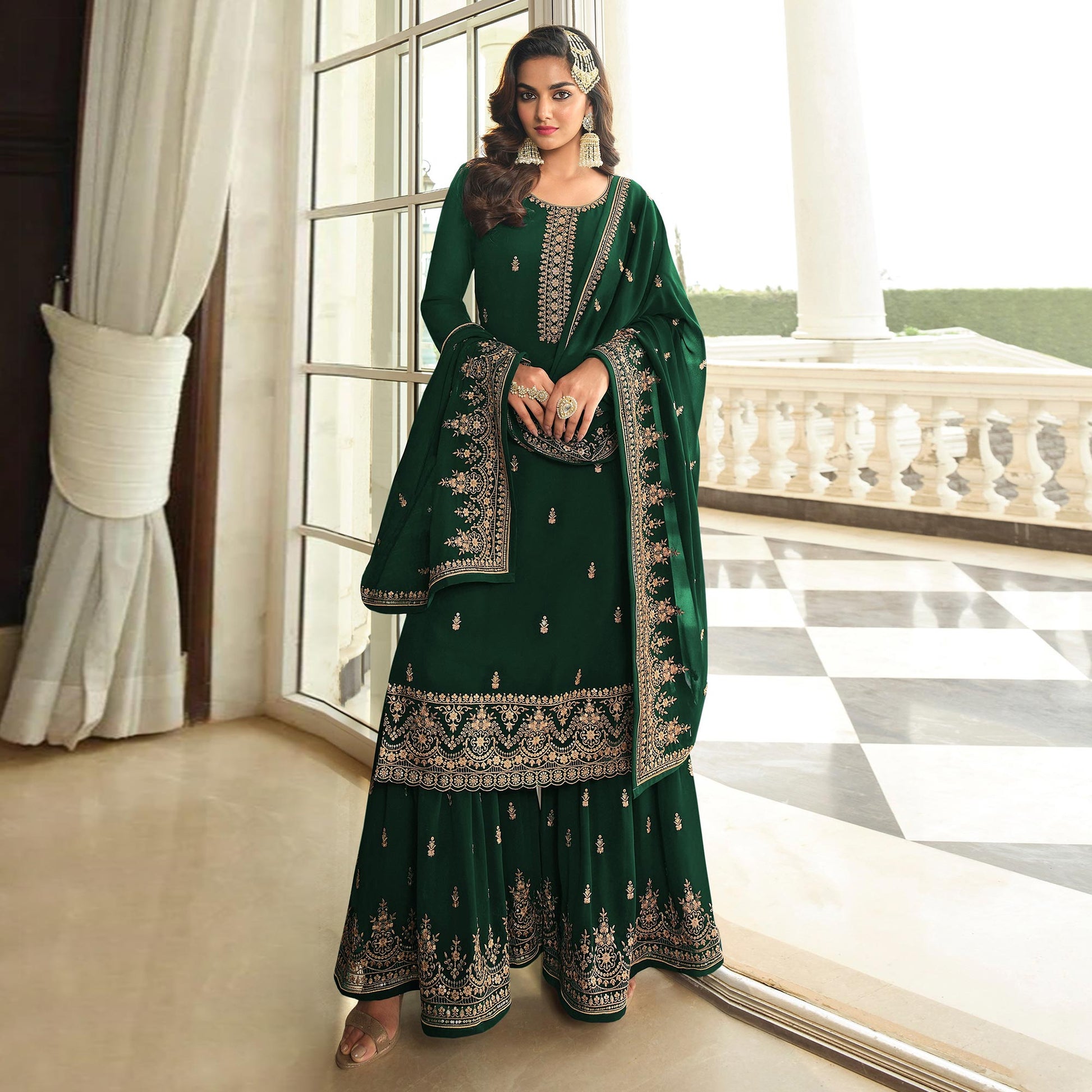 green-floral-sequins-embroidered-georgette-semi-stitched-dress-material