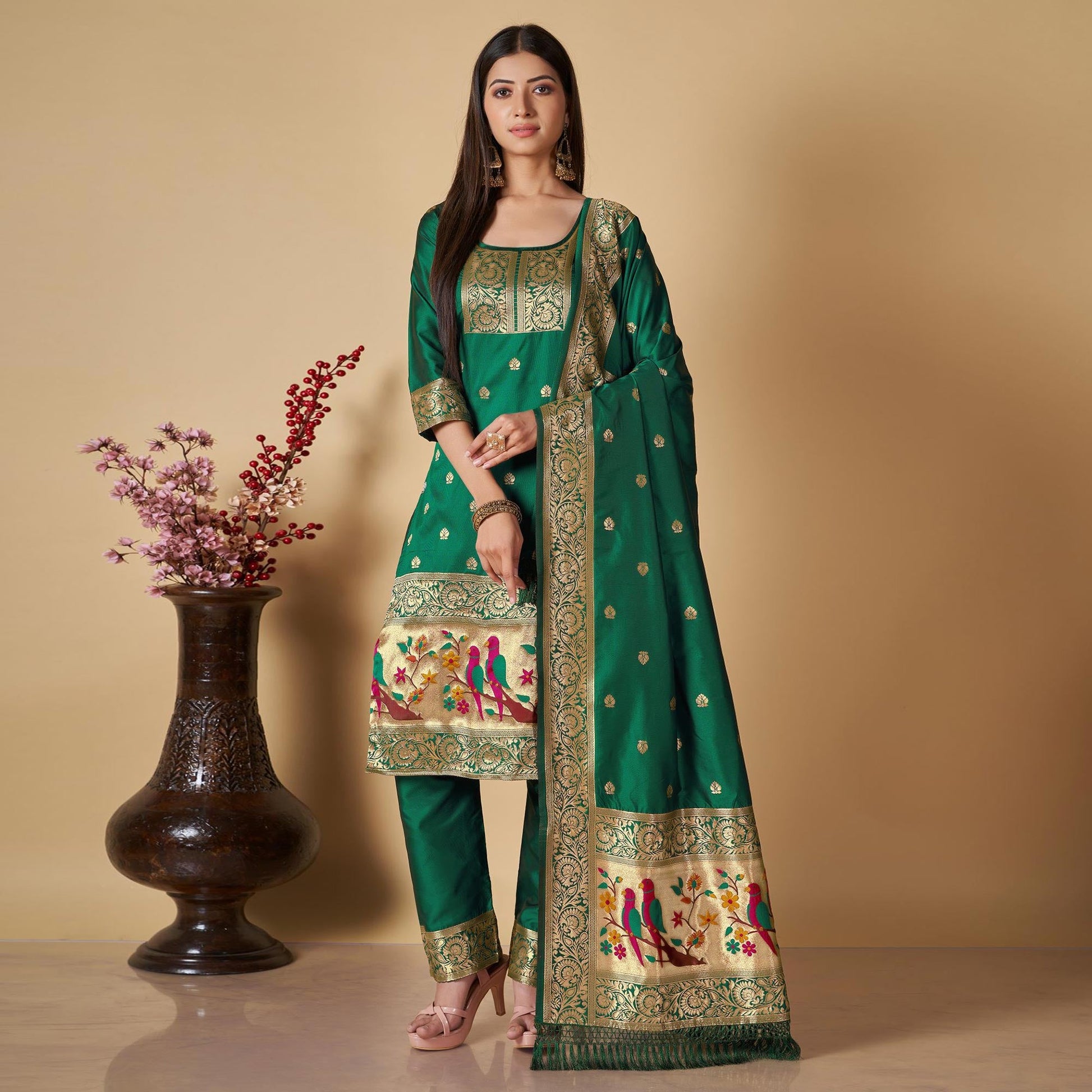 green-floral-woven-banarasi-silk-paithani-dress-material-2