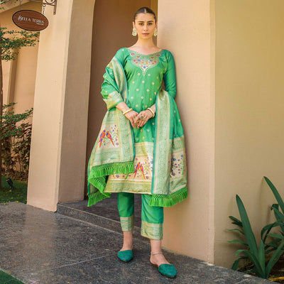 green-floral-woven-banarasi-silk-paithani-dress-material