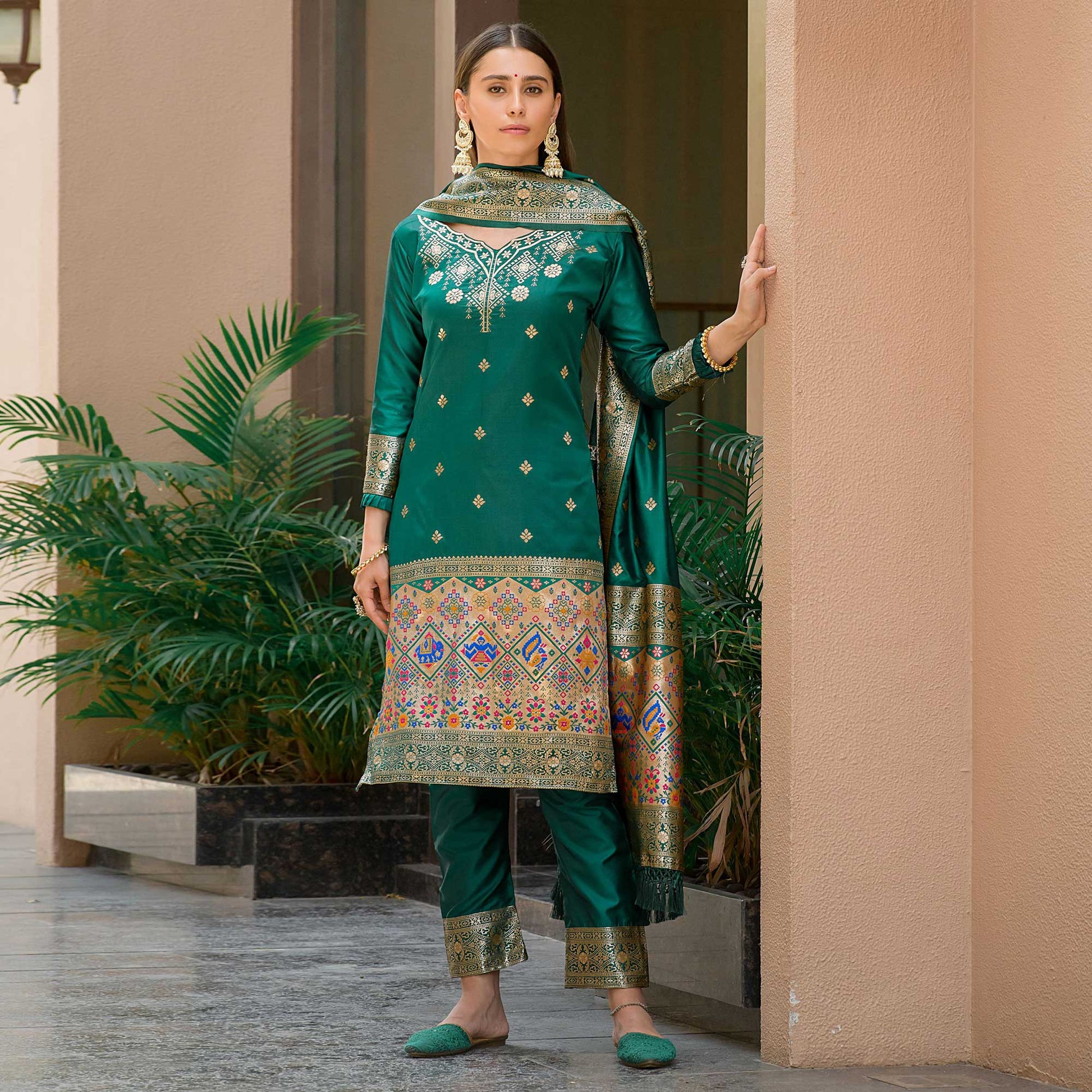 green-floral-woven-banarasi-silk-paithani-dress-material-1
