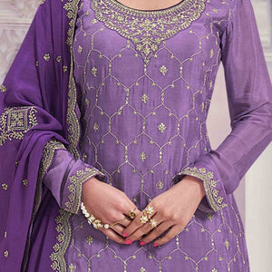 Lavender Sequins Embroidered Chinon Sharara Suit