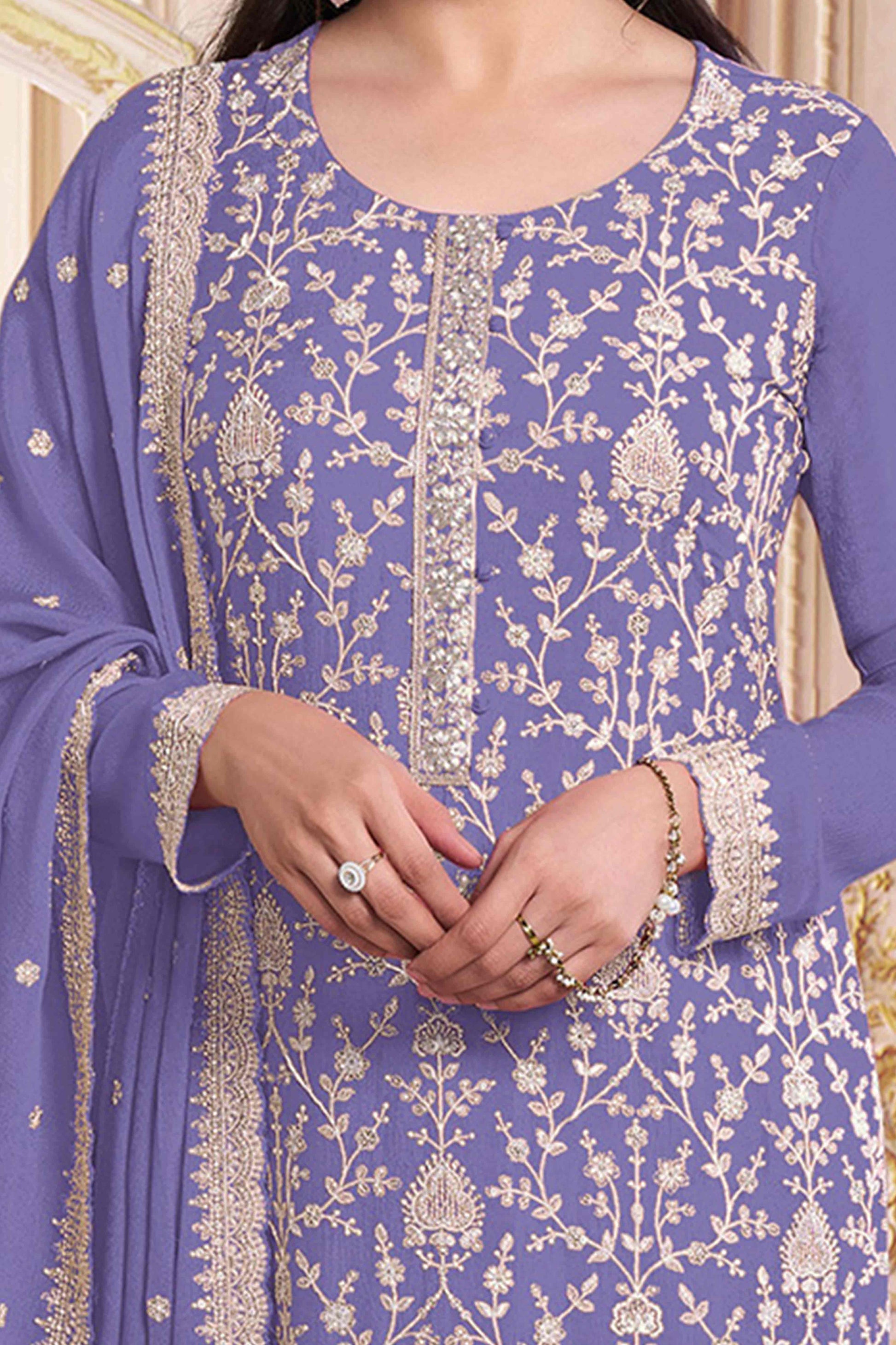Lavender Floral Sequins Embroidery Georgette Semi Stitched Salwar Suit