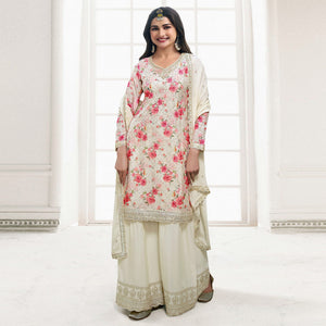Cream Embroidered Chinon Semi Stitched Dress Material