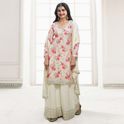 Cream Embroidered Chinon Semi Stitched Dress Material