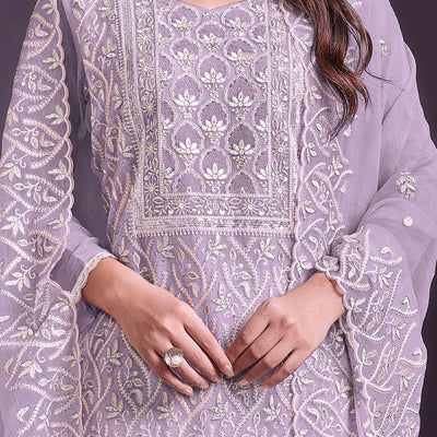 Lavender Floral Sequins Embroidered Chinon Semi Stitched Suit