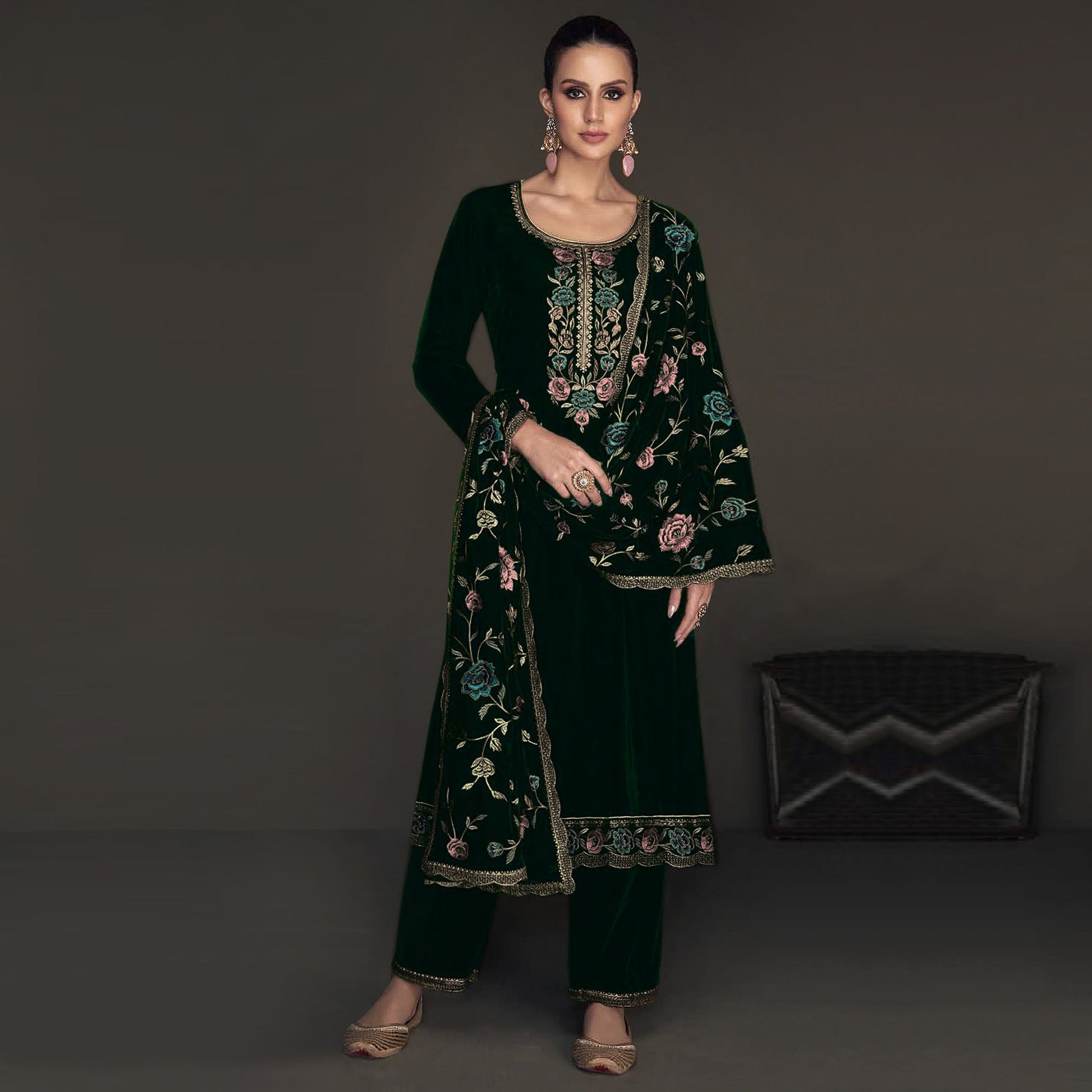 green-floral-embroidered-velvet-semi-stitched-suit-1