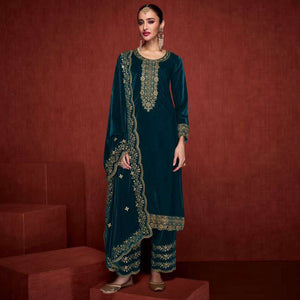 Morpich Floral Embroidered Velvet Semi Stitched Suit