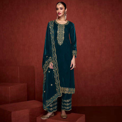 Morpich Floral Embroidered Velvet Semi Stitched Suit
