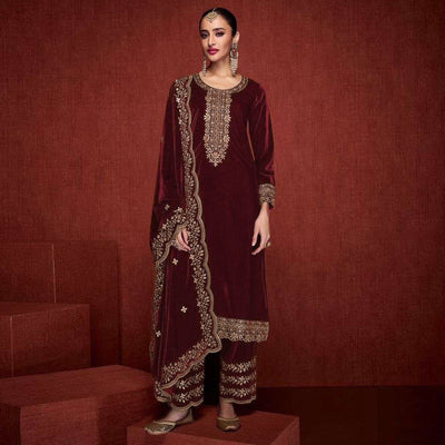 Maroon Floral Embroidered Velvet Semi Stitched Suit