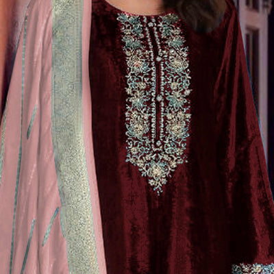 Brown Embroidered Velvet Semi-Stitched Salwar Suit