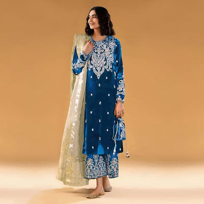 Morpich Floral Embroidered Velvet Semi Stitched Suit