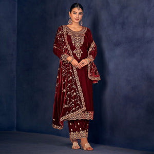 Maroon Floral Sequins Embroidered Velvet Semi Stitched Suit