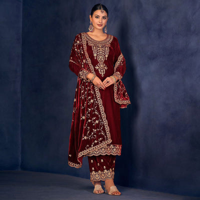 Maroon Floral Sequins Embroidered Velvet Semi Stitched Suit