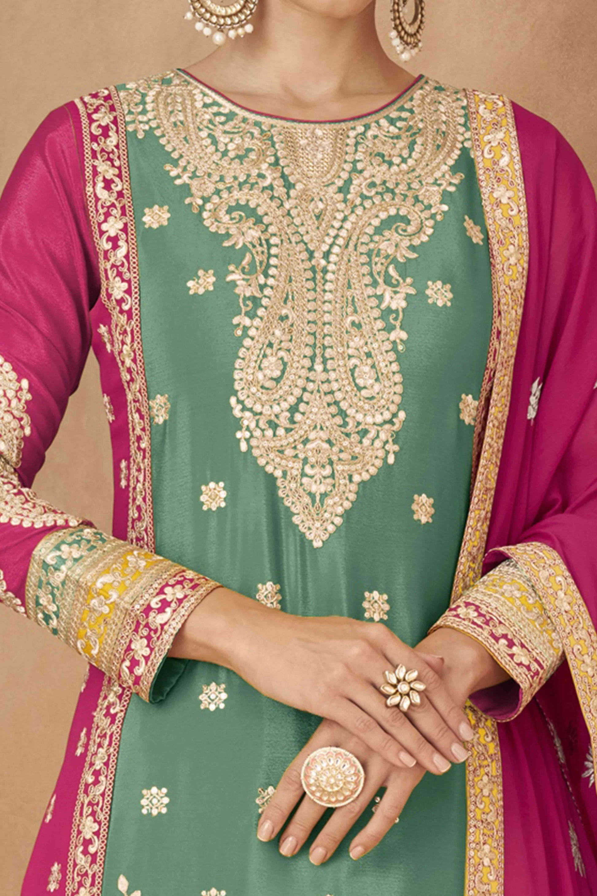 green-embroidered-sequins-work-chinon-semi-stitched-salwar-suit