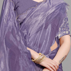 Lavender Solid Net Saree With Zari Border