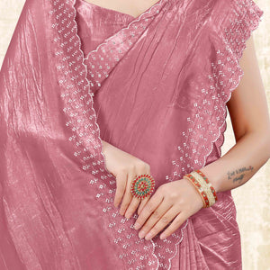 Dusty Pink Zarkan Diamond Work Tissue Gold Crush Saree