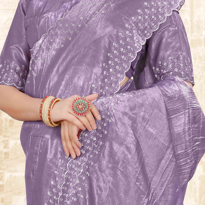 Lavender Zarkan Diamond Work Tissue Gold Crush Saree