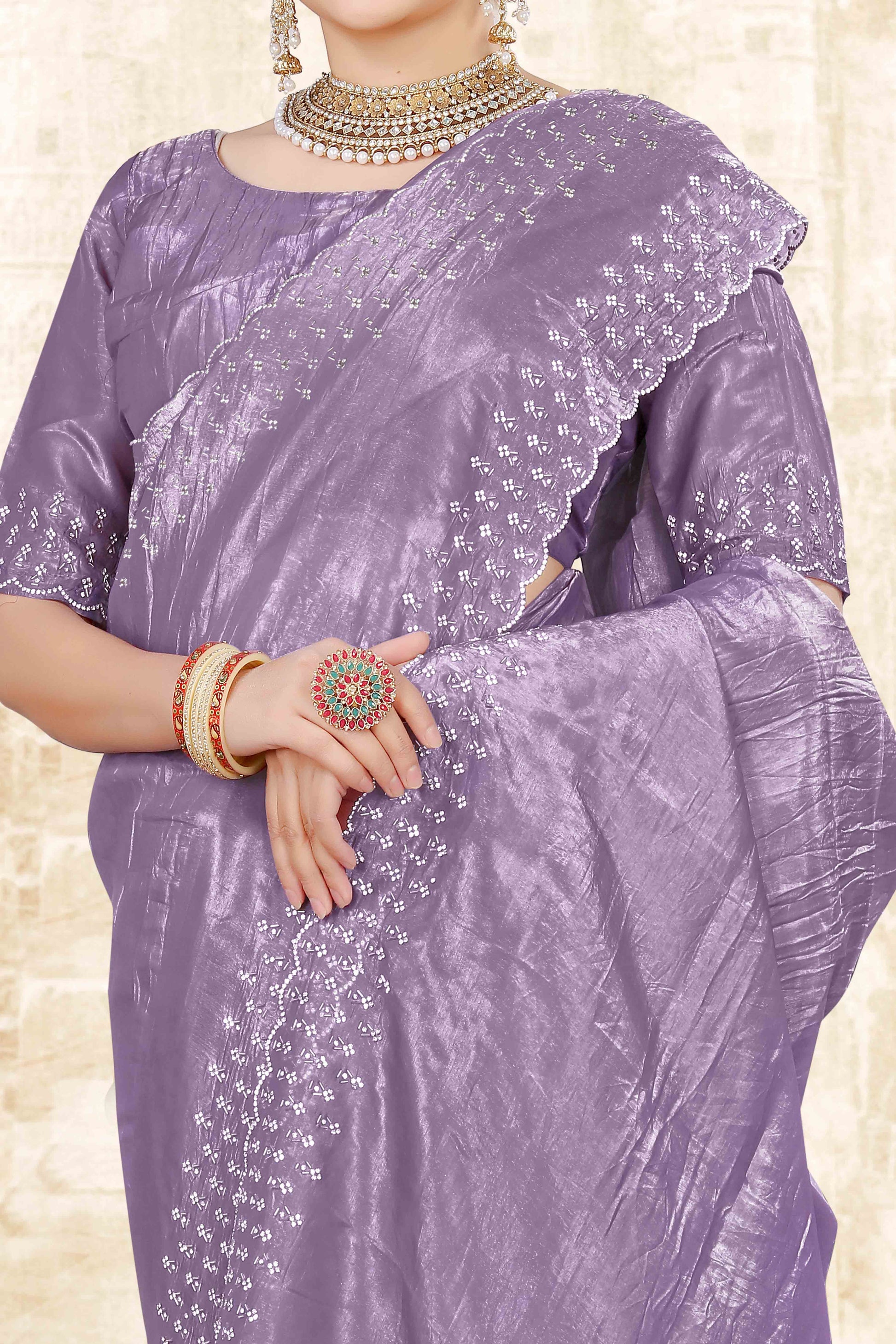 Lavender Zarkan Diamond Work Tissue Gold Crush Saree