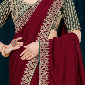 Maroon Solid With Zari Embroidered Vichitra Silk Saree