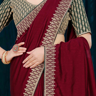 Maroon Solid With Zari Embroidered Vichitra Silk Saree