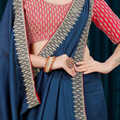 Blue Solid With Zari Embroidered Vichitra Silk Saree