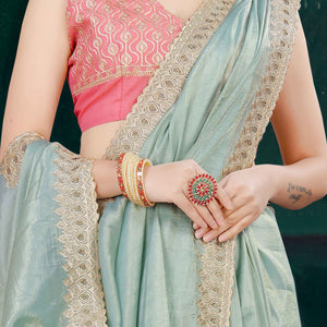 Blue Solid With Swarovski Work Tissue Gold Crush Saree