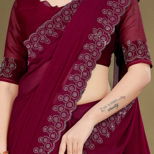 Maroon Solid With Swarovski Work Chiffon Saree