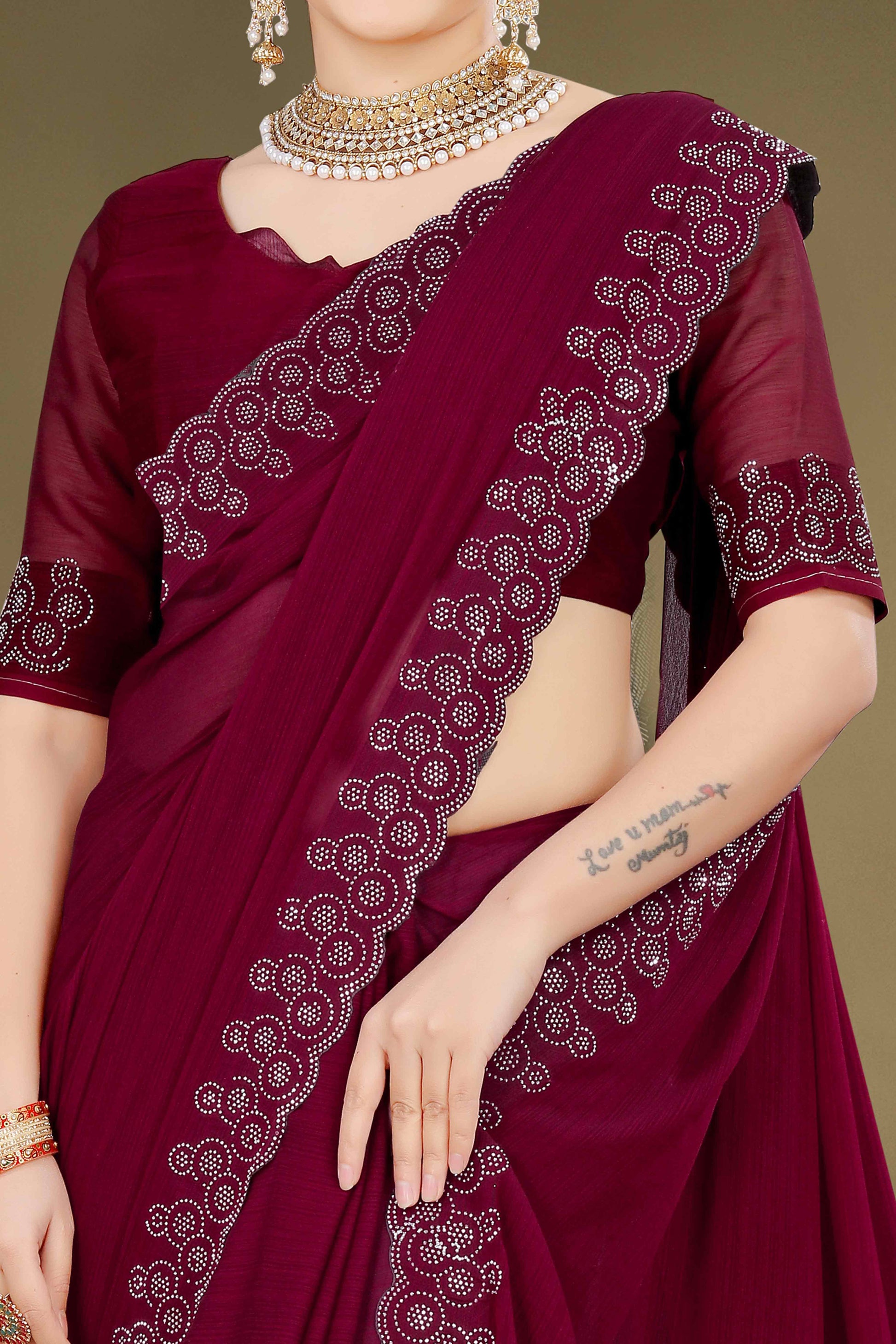Maroon Solid With Swarovski Work Chiffon Saree