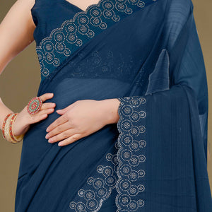Blue Solid With Swarovski Work Chiffon Saree