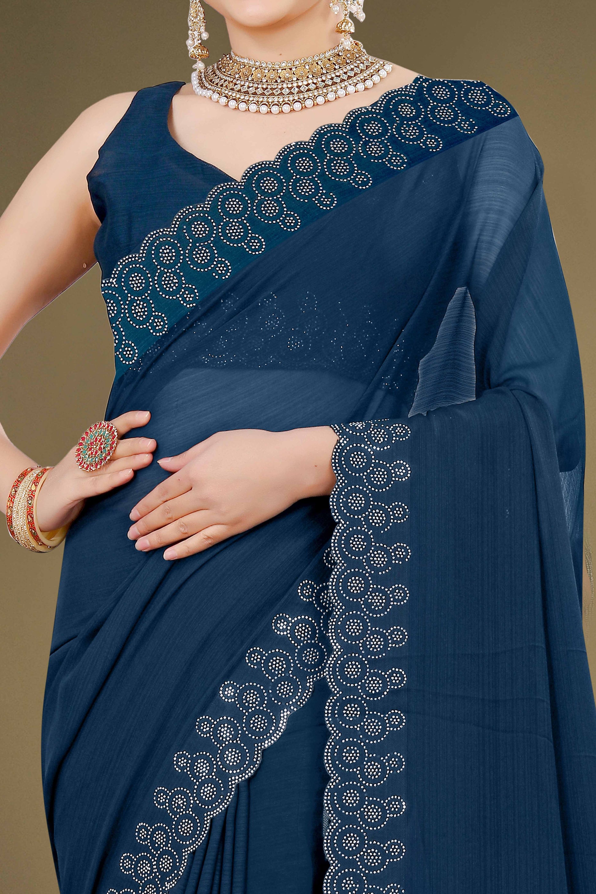 Blue Solid With Swarovski Work Chiffon Saree