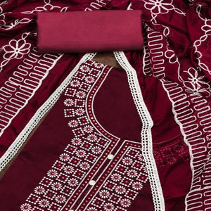Maroon Floral Embroidered Chanderi Dress Material