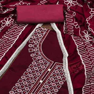 Maroon Floral Embroidered Chanderi Dress Material