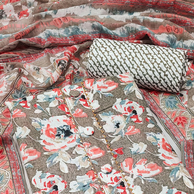 Brown Floral Printed Pure Cotton Dress Material