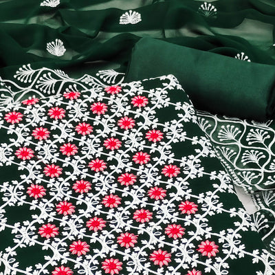 Bottle Green Embroidered Georgette Dress Material