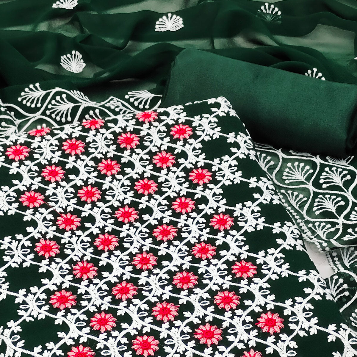 Bottle Green Embroidered Georgette Dress Material