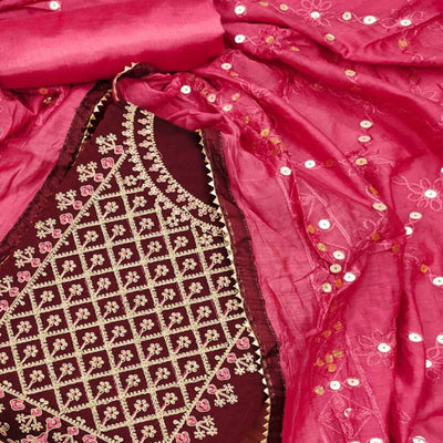 Maroon Floral Embroidered Modal Dress Material