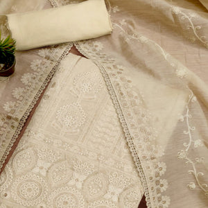 Cream Sequins Embroidered Chanderi Silk Dress Material
