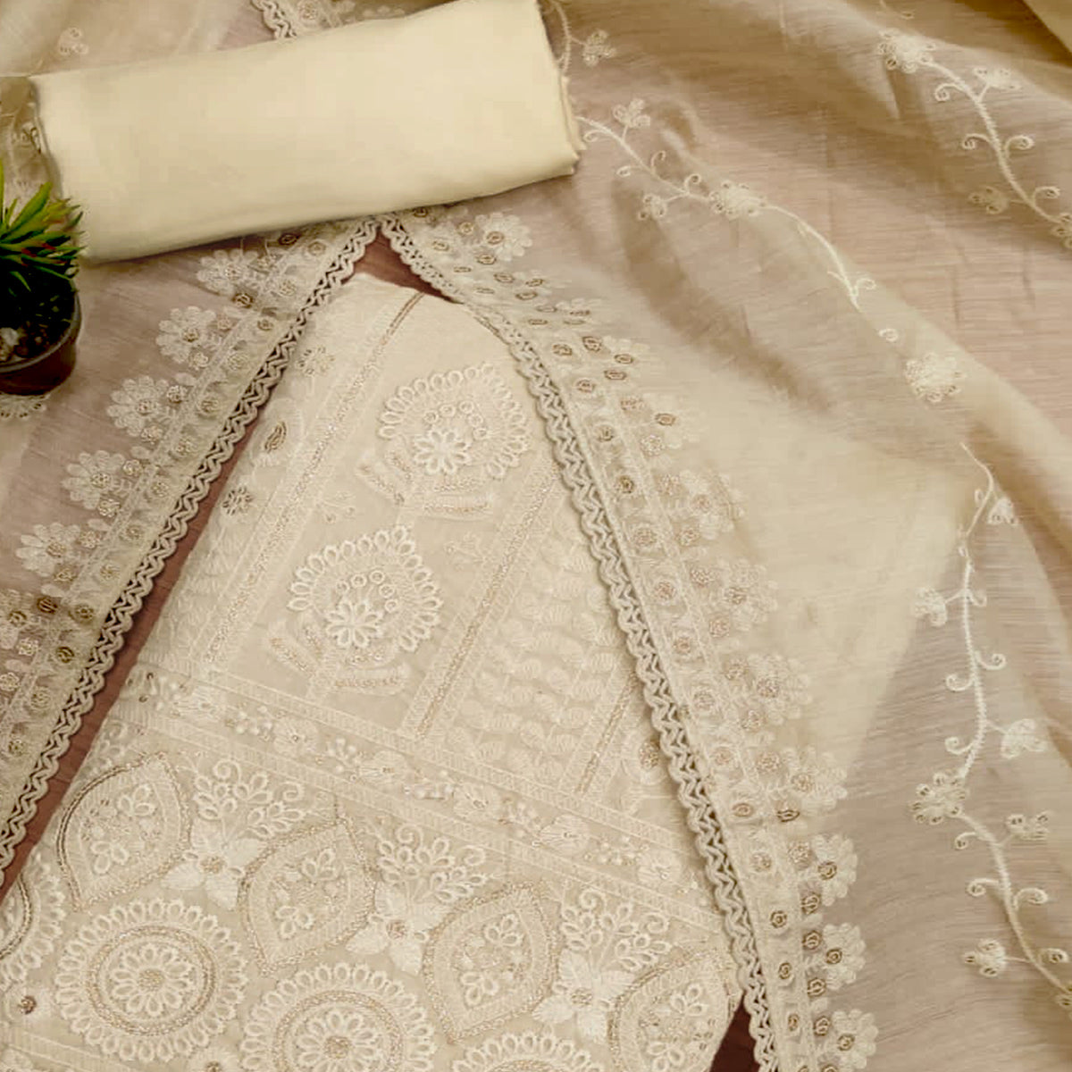 Cream Sequins Embroidered Chanderi Silk Dress Material