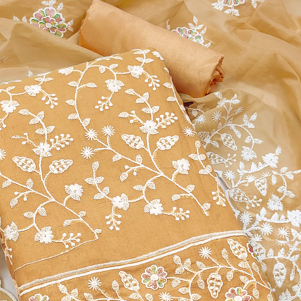 Chikoo Floral Embroidered Chanderi Dress Material