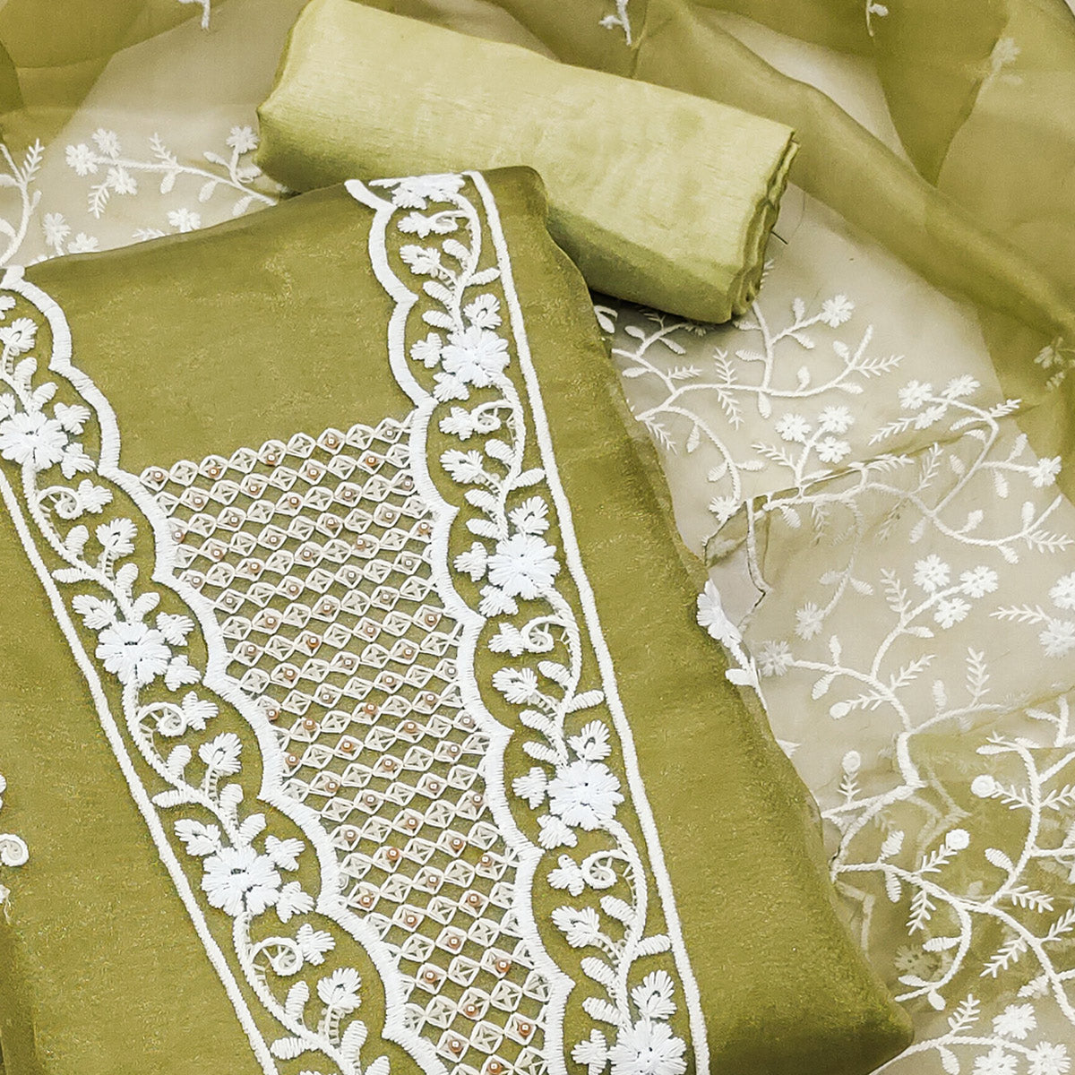Mehendi Green Floral Embroidered Organza Dress Material
